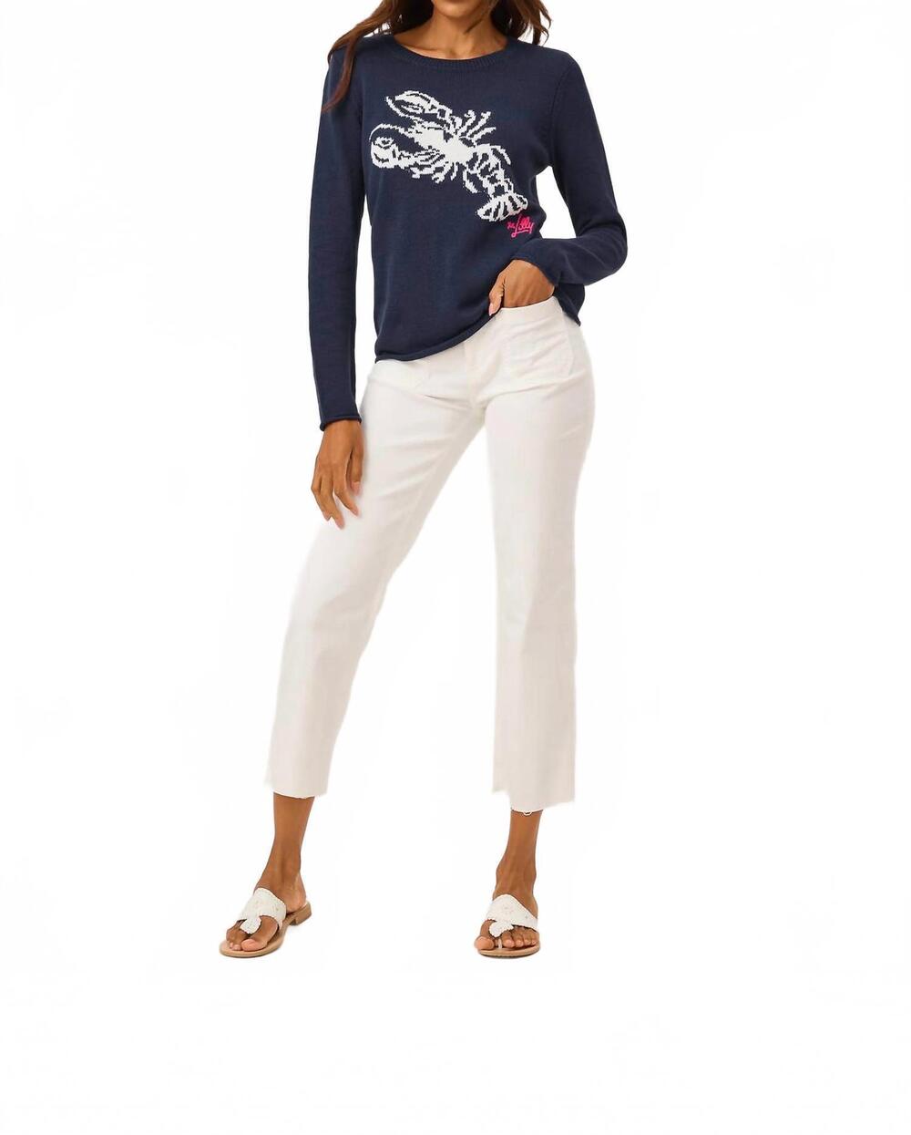 NEW LILLY PULITZER kellyn crewneck sweater in low tide navy nautical lobster jac